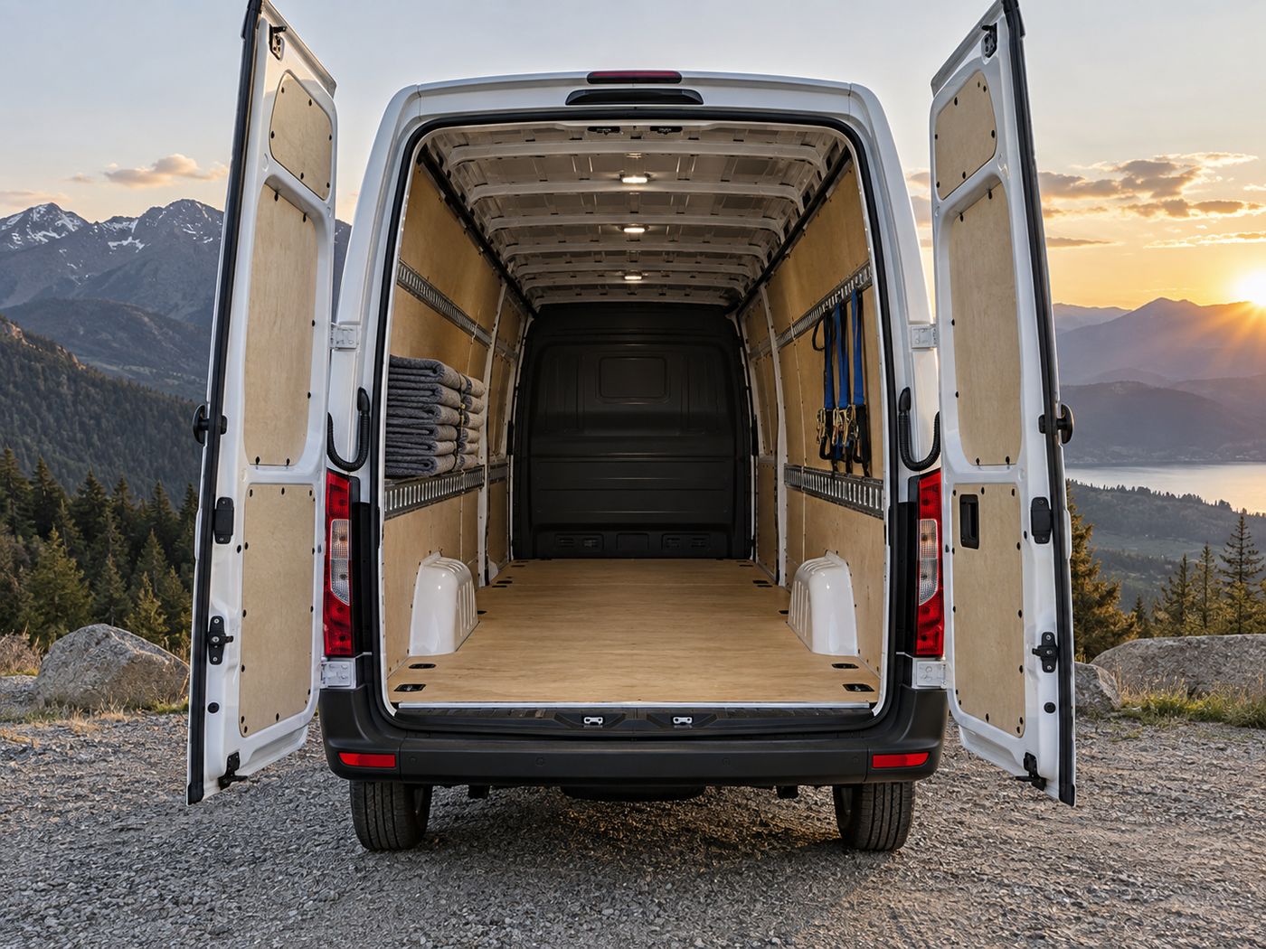 Mercedes Sprinter Kastenwagen mit geöffneten Hecktüren: leerer Laderaum mit Holzboden, Zurrschienen, Möbeldecken und Spanngurten