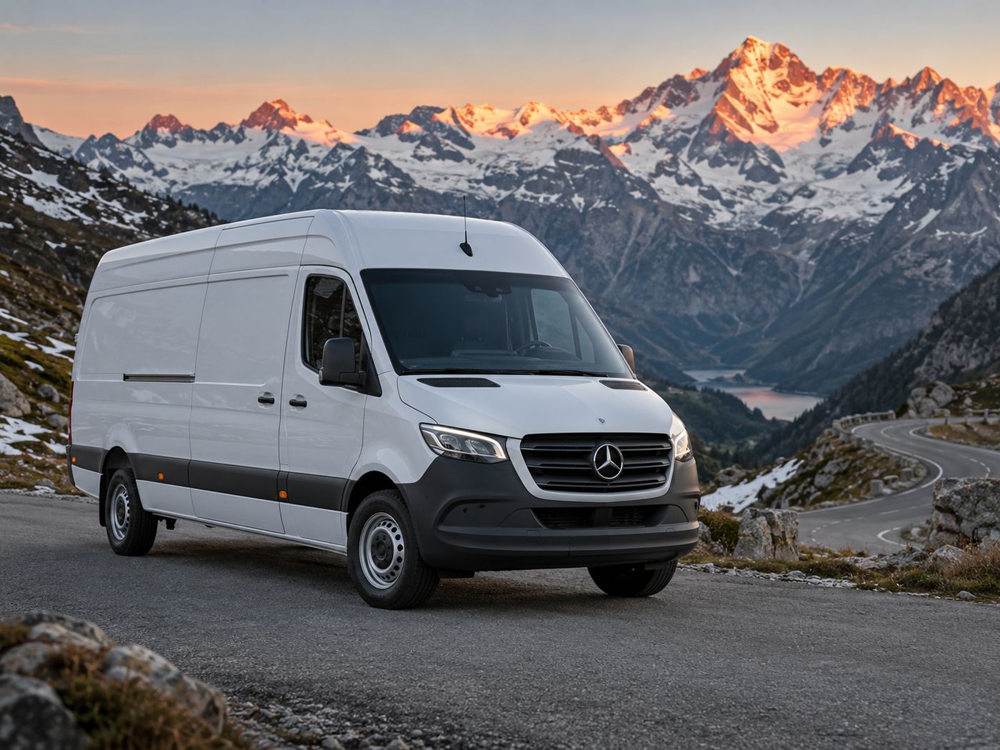 Weißer Mercedes Sprinter Kastenwagen auf einer Passstraße vor schneebedeckten Alpengipfeln im Abendlicht